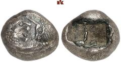 GRIECHISCHE MÜNZEN LYDIA. Kroisos, 561-546 v. Chr. AR-1/2 Stater, Sardeis; 5,20 g. Löwen- und Stierprotome einander gegenüber// Zweigeteiltes Incusum. SNG v. Aulock vergl. 2877 ff. Schürfstelle auf de