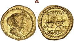 RÖMISCHE MÜNZEN IMPERATORISCHE PRÄGUNGEN. Octavianus. AV-Aureus, 43 v. Chr., Rom, L. Cestius und C. Norbanus; 7,99 g. Afrikakopf r.//Curulischer Stuhl, darauf korinthischer Helm. Bab. 1; BMC 4191; Cal