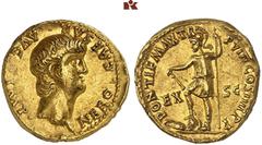 RÖMISCHE MÜNZEN MÜNZEN DER RÖMISCHEN KAISERZEIT. Nero, 54-68. AV-Aureus, 61/62, Rom; 7,59 g. Kopf r.//Virtus steht l. mit Parazonium und Speer, Fuß auf Waffen. BMC 33; Calicó 432; Coh. 225; RIC² 31. R