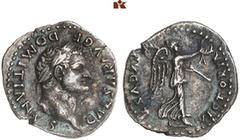 RÖMISCHE MÜNZEN MÜNZEN DER RÖMISCHEN KAISERZEIT. Vespasianus, 69-79. - für Domitianus. AR-Quinar, 75, Rom; 1,38 g. Kopf r. mit Lorbeerkranz//Victoria geht r. mit Kranz und Palmzweig. BMC 324; Coh. 622