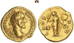 RÖMISCHE MÜNZEN MÜNZEN DER RÖMISCHEN KAISERZEIT. Antoninus I. Pius, 138-161. AV-Quinar, 150/151, Rom; 3,59 g. Kopf r. mit Lorbeerkranz, l. drapiert//Liberalitas steht l. mit Abacus und Vexillum. BMC 7
