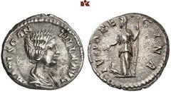 RÖMISCHE MÜNZEN MÜNZEN DER RÖMISCHEN KAISERZEIT. Didius Julianus, 193, für Manlia Scantilla. AR-Denar, Rom; 3,16 g. Drapierte Büste r.//Iuno steht l. mit Patera und Zepter, davor Pfau. BMC 11; Coh. 2;