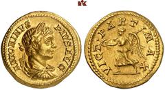 RÖMISCHE MÜNZEN MÜNZEN DER RÖMISCHEN KAISERZEIT. Antoninus III. Caracalla, 198-217. AV-Aureus, 201/206, Rom; 7,30 g. Drapierte Büste r. mit Lorbeerkranz//Victoria geht l. mit Kranz und Palmzweig. BMC 