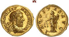 RÖMISCHE MÜNZEN MÜNZEN DER RÖMISCHEN KAISERZEIT. Macrinus, 217-218. AV-Aureus, März/Juni 218, Rom; 7,46 g. Drapierte Büste r. mit Lorbeerkranz//Aequitas steht l. mit Waage und Füllhorn. Biaggi 1262 (d