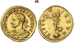 RÖMISCHE MÜNZEN MÜNZEN DER RÖMISCHEN KAISERZEIT. Carus, 282-283. AV-Aureus, Siscia; 4,12 g. Drapierte Büste l. mit Lorbeerkranz//Victoria steht l. auf Globus mit Kranz und Palmzweig. Calicó 4286 a (di