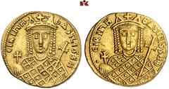 BYZANTINISCHE MÜNZEN BYZANZ. Irene, 797-802. AV-Solidus, 802, Constantinopolis; 4,44 g. Beiderseits drapierte Büste v. v. mit Krone, Kreuzglobus und Zepter. DOC 1 a; Sear 1599. R Fast vorzüglich Exemp
