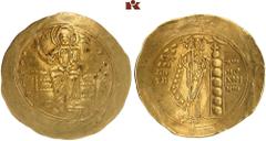 BYZANTINISCHE MÜNZEN BYZANZ. Alexius I., 1081-1118. AV-Hyperpyron (Scyphat), 1092/1118, Constantinopolis; 4,20 g. Christus thront v. v.//Kaiser steht v. v. mit Labarum und Kreuzglobus. DOC 20 g; Sear 