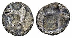 GREEK COINS MACEDONIA UNBEKANNTE MÜNZSTÄTTE. AR-Hemiobol, 5. Jahrhundert v. Chr.; 0,22 g. Rad mit vier Speichen//Incusum. Tzamalis, Uncertain Thraco-Macedonian Coins -, vergl. 77. Etwas dezentriert, m