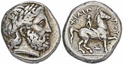GREEK COINS MACEDONIA KÖNIGREICH. Philippos II., 359-336 v. Chr. AR-Tetradrachme, 342/328 v. Chr., Amphipolis; 14,39 g. Zeuskopf r. mit Lorbeerkranz//Reiter r. mit Zweig, unten Prora. Le Rider - (D 20