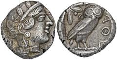 GREEK COINS ATTICA ATHEN. AR-Tetradrachme, um 420/405 v. Chr.; 17,17 g. Athenakopf r. mit attischem Helm//In Incusum: Eule r., dahinter Olivenzweig und Mondsichel. Flament Gruppe III. Min. gereinigt, 
