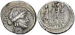 ROMAN COINS MÜNZEN DER RÖMISCHEN REPUBLIK AR-Denar, 54 v. Chr., Rom, M. Junius Brutus; 3,85 g. Libertaskopf r.//Der Konsul L. Junius Brutus geht zwischen zwei Liktoren l., davor Accensus. Bab. 31; BMC