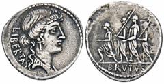 ROMAN COINS MÜNZEN DER RÖMISCHEN REPUBLIK AR-Denar, 54 v. Chr., Rom, M. Junius Brutus; 3,89 g. Libertaskopf r.//Der Konsul L. Junius Brutus geht zwischen zwei Liktoren l., davor Accensus. Bab. 31; BMC