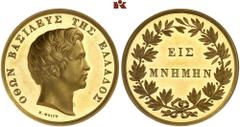 EUROPÄISCHE MÜNZEN UND MEDAILLEN GRIECHENLAND. Otto I., 1832-1862 Goldmedaille zu 8 Dukaten o. J., von K. F. Voigt. Geschenkmedaille des Königs. ΟΘΩΝ ΒΑΣIΛΕΥΣ ΤΗΣ ΕΛΛΑΔΟΣ Kopf r.//ΕIΣ / ΜΝΗΜΗΝ, umher 