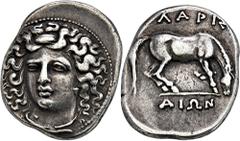 GREEK COINS THESSALIA LARISSA. AR-Drachme, 356/342 v. Chr.; 6,08 g. Nymphenkopf fast v. v.//Pferd grast r. Herrmann Tf. V, 5; Hoover 453; Lorber in SNR 79 Phase L-III; Slg. BCD 316 ff. R Feine Tönung,