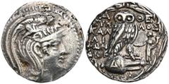 GREEK COINS ATTICA ATHEN. AR-Tetradrachme, Pyanepsion (= Oktober/November) 108 v. Chr.; 16,62 g. Athenakopf r. mit attischem Helm//In Kranz: Eule auf Amphore mit Δ v. v., r. Tyche. Hoover 1602; Thomps