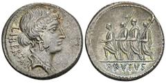 ROMAN COINS MÜNZEN DER RÖMISCHEN REPUBLIK AR-Denar, 54 v. Chr., Rom, M. Junius Brutus; 4,04 g. Libertaskopf r.//Der Konsul L. Junius Brutus geht zwischen zwei Liktoren l., davor Accensus. Bab. 31; BMC