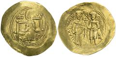 BYZANTINE COINS BYZANZ Isaakios II. Angelos, 1185-1195. AV-Hyperpyron (Scyphat), Constantinopolis; 4,23 g. Muttergottes sitzt v. v.//Kaiser mit Kreuzzepter und Erzengel Michael stehen v. v. und halten
