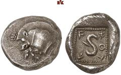 DIE SAMMLUNG DR. KAYA SAYAR, TEIL I - LYKIEN, PAMPHYLIEN UND KILIKIEN LYCIA. Prä- und protodynastische Prägungen. Wete AR-Tetrobol, 480/460 v. Chr., unbestimmte Münzstätte; 2,49 g. Eberprotome l.//In 