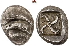 DIE SAMMLUNG DR. KAYA SAYAR, TEIL I - LYKIEN, PAMPHYLIEN UND KILIKIEN LYCIA. Prä- und protodynastische Prägungen. Thibanuwa AR-Stater, nach 460 v. Chr., Aperlai/Apollonia; 9,73 g. Zwei Delphine in Geg