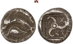 DIE SAMMLUNG DR. KAYA SAYAR, TEIL I - LYKIEN, PAMPHYLIEN UND KILIKIEN LYCIA. Prä- und protodynastische Prägungen. Thibanuwa AR-Tetrobol, nach 470 v. Chr., Aperlai/Apollonia; 2,89 g. Zwei Delphine in G