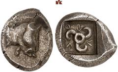 DIE SAMMLUNG DR. KAYA SAYAR, TEIL I - LYKIEN, PAMPHYLIEN UND KILIKIEN LYCIA. Dynastische Prägungen. Uele AR-Stater, 480/460 v. Chr., unbestimmte Münzstätte; 8,94 g. Stierprotome l.//In Incusum: Triske