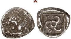 DIE SAMMLUNG DR. KAYA SAYAR, TEIL I - LYKIEN, PAMPHYLIEN UND KILIKIEN LYCIA. Dynastische Prägungen. Kuprilli AR-Tetrobol, 470/440 v. Chr., unbestimmte Münzstätte (Kandyba?); 2,68 g. Geflügelte Löwenpr