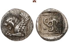 DIE SAMMLUNG DR. KAYA SAYAR, TEIL I - LYKIEN, PAMPHYLIEN UND KILIKIEN LYCIA. Dynastische Prägungen. Kuprilli AR-Diobol, 470/440 v. Chr., unbestimmte Münzstätte (Kandyba?); 1,26 g. Geflügelte Löwenprot