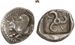 DIE SAMMLUNG DR. KAYA SAYAR, TEIL I - LYKIEN, PAMPHYLIEN UND KILIKIEN LYCIA. Dynastische Prägungen. Kuprilli AR-Tetrobol, 470/440 v. Chr., unbestimmte Münzstätte; 2,67 g. Geflügelte Stierprotome l., o