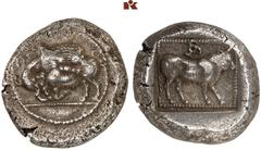 DIE SAMMLUNG DR. KAYA SAYAR, TEIL I - LYKIEN, PAMPHYLIEN UND KILIKIEN LYCIA. Dynastische Prägungen. Unbestimmter Dynast AR-Stater, um 440 v. Chr., Xanthos (?); 9,79 g. Löwe r. schlägt Stier l.//In Inc