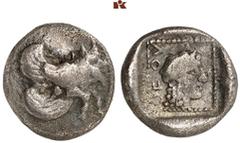 DIE SAMMLUNG DR. KAYA SAYAR, TEIL I - LYKIEN, PAMPHYLIEN UND KILIKIEN LYCIA. Dynastische Prägungen. Uwug/Orou AR-Tetrobol, 470/440 v. Chr., unbestimmte Münzstätte; 2,67 g. Androkephale, geflügelte Sti