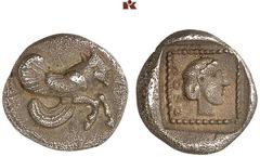 DIE SAMMLUNG DR. KAYA SAYAR, TEIL I - LYKIEN, PAMPHYLIEN UND KILIKIEN LYCIA. Dynastische Prägungen. Uwug/Orou AR-Diobol, 470/440 v. Chr., unbestimmte Münzstätte; 1,32 g. Androkephale, geflügelte Stier