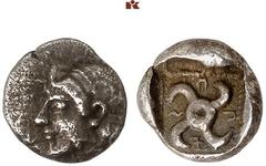 DIE SAMMLUNG DR. KAYA SAYAR, TEIL I - LYKIEN, PAMPHYLIEN UND KILIKIEN LYCIA. Dynastische Prägungen. Sppntaza AR-Obol, 440/430 v. Chr., Phellos; 0,80 g. Aphroditekopf l.//In Incusum: Perlquadrat, darin