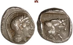 DIE SAMMLUNG DR. KAYA SAYAR, TEIL I - LYKIEN, PAMPHYLIEN UND KILIKIEN LYCIA. Dynastische Prägungen. Kherei AR-Drachme, 430/410 v. Chr., unbestimmte Münzstätte (Xanthos?); 4,18 g. Athenakopf r. mit att