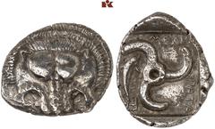 DIE SAMMLUNG DR. KAYA SAYAR, TEIL I - LYKIEN, PAMPHYLIEN UND KILIKIEN LYCIA. Dynastische Prägungen. Mithrapata AR-Stater, 390/370 v. Chr., Phellos; 9,71 g. Löwenmaske v. v.//In Incusum: Triskelis, l. 