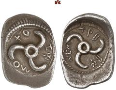 DIE SAMMLUNG DR. KAYA SAYAR, TEIL I - LYKIEN, PAMPHYLIEN UND KILIKIEN LYCIA. Dynastische Prägungen. Trbbenimi AR-Diobol, um 390/370 v. Chr., Limyra; 1,43 g. Triskelis//In rundem Incusum: Perlkreis, da