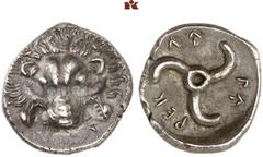 DIE SAMMLUNG DR. KAYA SAYAR, TEIL I - LYKIEN, PAMPHYLIEN UND KILIKIEN LYCIA. Dynastische Prägungen. Perikle AR-Tetrobol, 380/360 v. Chr., Limyra; 3,17 g. Löwenmaske v. v.//In rundem Incusum: Triskelis