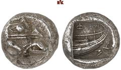 DIE SAMMLUNG DR. KAYA SAYAR, TEIL I - LYKIEN, PAMPHYLIEN UND KILIKIEN LYCIA. Prägungen lykischer Städte. PHASELIS AR-Tetrobol, 480/440 v. Chr.; 3,43 g. Prora in Form einer Eberprotome r.//Schiffsheck 