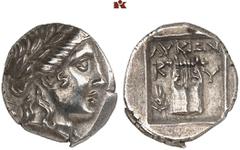 DIE SAMMLUNG DR. KAYA SAYAR, TEIL I - LYKIEN, PAMPHYLIEN UND KILIKIEN LYCIA. Prägungen der lykischen Liga. Periode II: Silbermünzen. KYANEAI AR-Drachme, 167/81 v. Chr.; 2,53 g. Apollokopf r. mit Lorbe