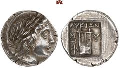 DIE SAMMLUNG DR. KAYA SAYAR, TEIL I - LYKIEN, PAMPHYLIEN UND KILIKIEN LYCIA. Prägungen der lykischen Liga. Periode II: Silbermünzen. MYRA AR-Drachme, 167/81 v. Chr.; 2,86 g. Apollokopf r. mit Lorbeerk