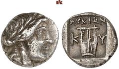 DIE SAMMLUNG DR. KAYA SAYAR, TEIL I - LYKIEN, PAMPHYLIEN UND KILIKIEN LYCIA. Prägungen der lykischen Liga. Periode II: Silbermünzen. KYANEAI AR-Drachme, 167/81 v. Chr.; 1,58 g. Apollokopf r. mit Lorbe