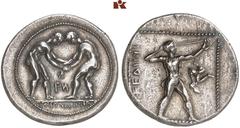 DIE SAMMLUNG DR. KAYA SAYAR, TEIL I - LYKIEN, PAMPHYLIEN UND KILIKIEN PAMPHYLIA. ASPENDOS. AR-Stater, 420/370 v. Chr.; 10,97 g. Zwei Ringer, darunter ΜΕΝΕAVAR† ΕΛARΦΑ (oder ΕΛARΨΑ)// Schleuderer r., d