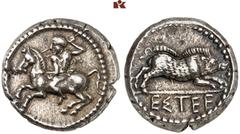 DIE SAMMLUNG DR. KAYA SAYAR, TEIL I - LYKIEN, PAMPHYLIEN UND KILIKIEN PAMPHYLIA. ASPENDOS. AR-Drachme, 420/360 v. Chr.; 5,43 g. Mopsos reitet l. mit Speer//Eber r. SNG France 3, vergl. 18; SNG v. Aulo