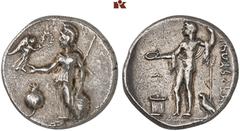 DIE SAMMLUNG DR. KAYA SAYAR, TEIL I - LYKIEN, PAMPHYLIEN UND KILIKIEN PAMPHYLIA. PERGE. AR-Stater, 380/360 v. Chr.; 10,59 g. Athena Parthenos steht l., davor Granatapfel//Apollo steht l. mit Patera un