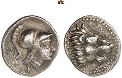 DIE SAMMLUNG DR. KAYA SAYAR, TEIL I - LYKIEN, PAMPHYLIEN UND KILIKIEN PAMPHYLIA. SIDE. AR-Obol, 3./2. Jahrhundert v. Chr.; 0,74 g. Athenakopf r. mit korinthischem Helm//Löwenkopf r. Atlan 161; SNG Fra