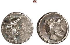 DIE SAMMLUNG DR. KAYA SAYAR, TEIL I - LYKIEN, PAMPHYLIEN UND KILIKIEN CILICIA. UNBESTIMMTE MÜNZSTÄTTE. AR-Hemiobol, 4. Jahrhundert v. Chr.; 0,37 g. Hermeskopf r. mit Petasos//Herakleskopf r. mit Löwen