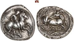 DIE SAMMLUNG DR. KAYA SAYAR, TEIL I - LYKIEN, PAMPHYLIEN UND KILIKIEN CILICIA. KELENDERIS. AR-Stater, 425/400 v. Chr.; 10,62 g. Reiter r. mit Peitsche//Ziege r., zurückblickend, im Abschnitt Delphin r