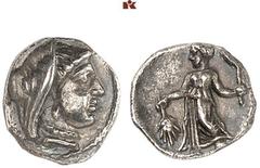 DIE SAMMLUNG DR. KAYA SAYAR, TEIL I - LYKIEN, PAMPHYLIEN UND KILIKIEN CILICIA. MALLOS. AR-Obol, 385/333 v. Chr.; 0,46 g. Verschleierter Kopf der Demeter r.//Demeter geht l. mit Ähre und Fackel. SNG Fr