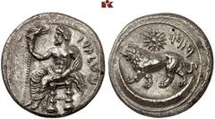 DIE SAMMLUNG DR. KAYA SAYAR, TEIL I - LYKIEN, PAMPHYLIEN UND KILIKIEN CILICIA. MYRIANDROS. Mazaios, 361-334 v. Chr., Satrap. AR-Stater; 10,51 g. Baaltars sitzt l. mit Adlerzepter//Löwe geht l., darübe