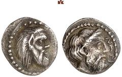 DIE SAMMLUNG DR. KAYA SAYAR, TEIL I - LYKIEN, PAMPHYLIEN UND KILIKIEN CILICIA. NAGIDOS. AR-Obol, 420/380 v. Chr.; 0,68 g. Pankopf r.//Dionysoskopf r. mit Efeukranz. Göktürk 4; SNG France 2, 16; SNG Le