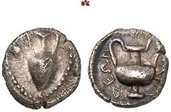 DIE SAMMLUNG DR. KAYA SAYAR, TEIL I - LYKIEN, PAMPHYLIEN UND KILIKIEN CILICIA. NAGIDOS. AR-Obol, 420/380 v. Chr.; 0,46 g. Amphora mit Efeublatt//Kantharos. Göktürk -; SNG France 2, 19; SNG Levante -. 